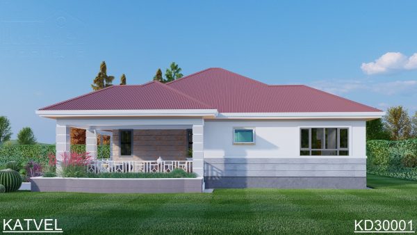 Complete house plan for an elegant 3-bedroom bungalow with a landscaped front yard and cozy porch for sale at https://katveldesigns.com